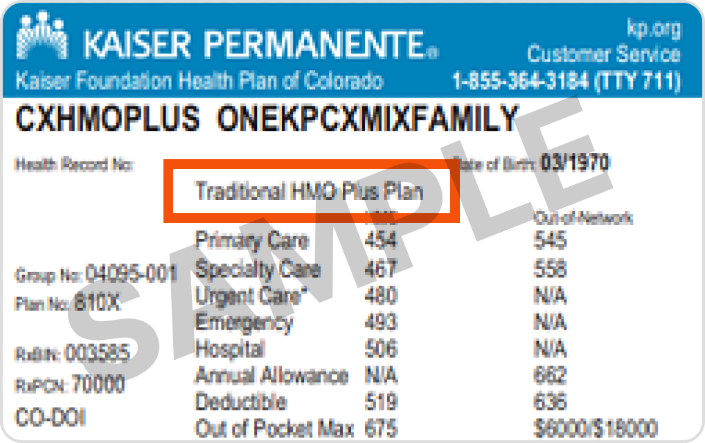 Sample member card with Traditional HMO Plus Plan highlighted in the middle of the card